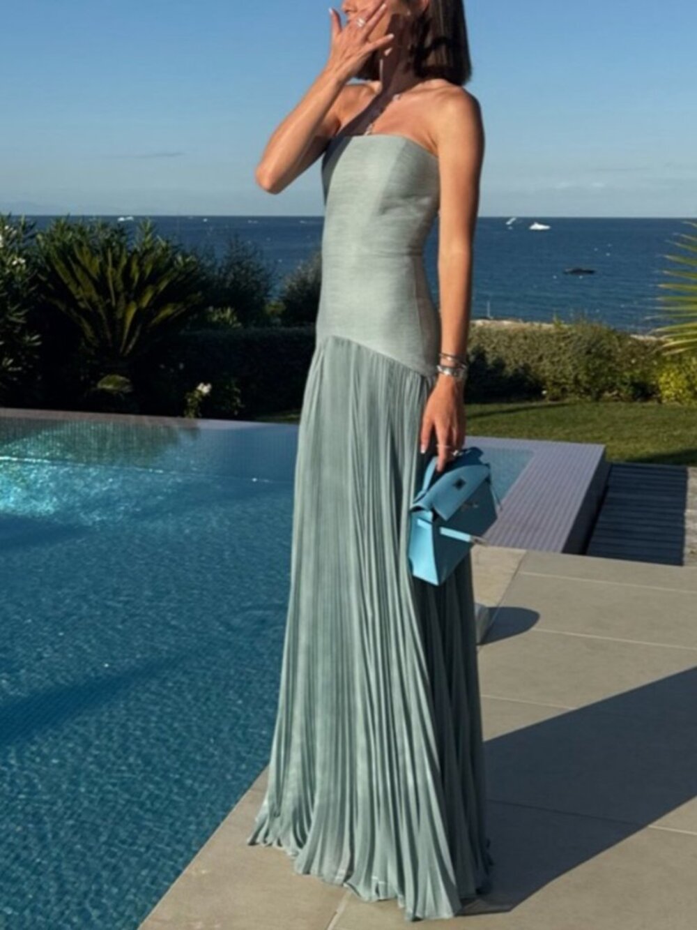 BEST Alexis Sunniva Maxi Dress Gown - Blue Pleated Party Cocktail Wedding - Picture 4 of 10